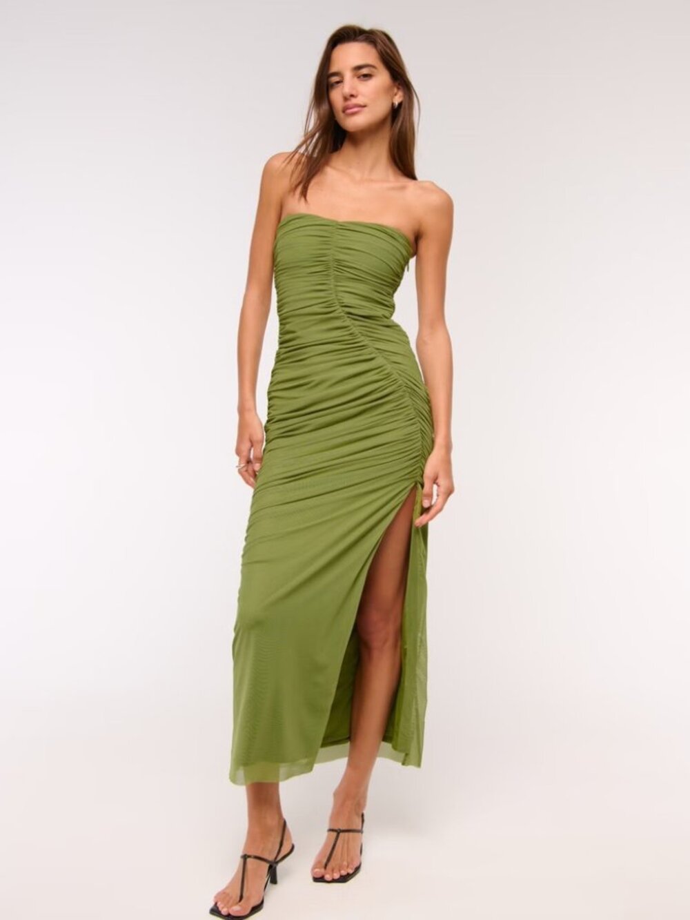 Abercrombie & Fitch Strapless Ruched Mesh Maxi Dress